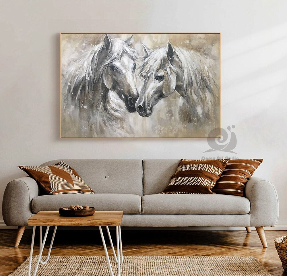 Abstract Horses Canvas Wall Art, Large Original Horses Oil Painting on Canvas, Modern Animal Wall Art for Living Room, Home Décor, Love Gift