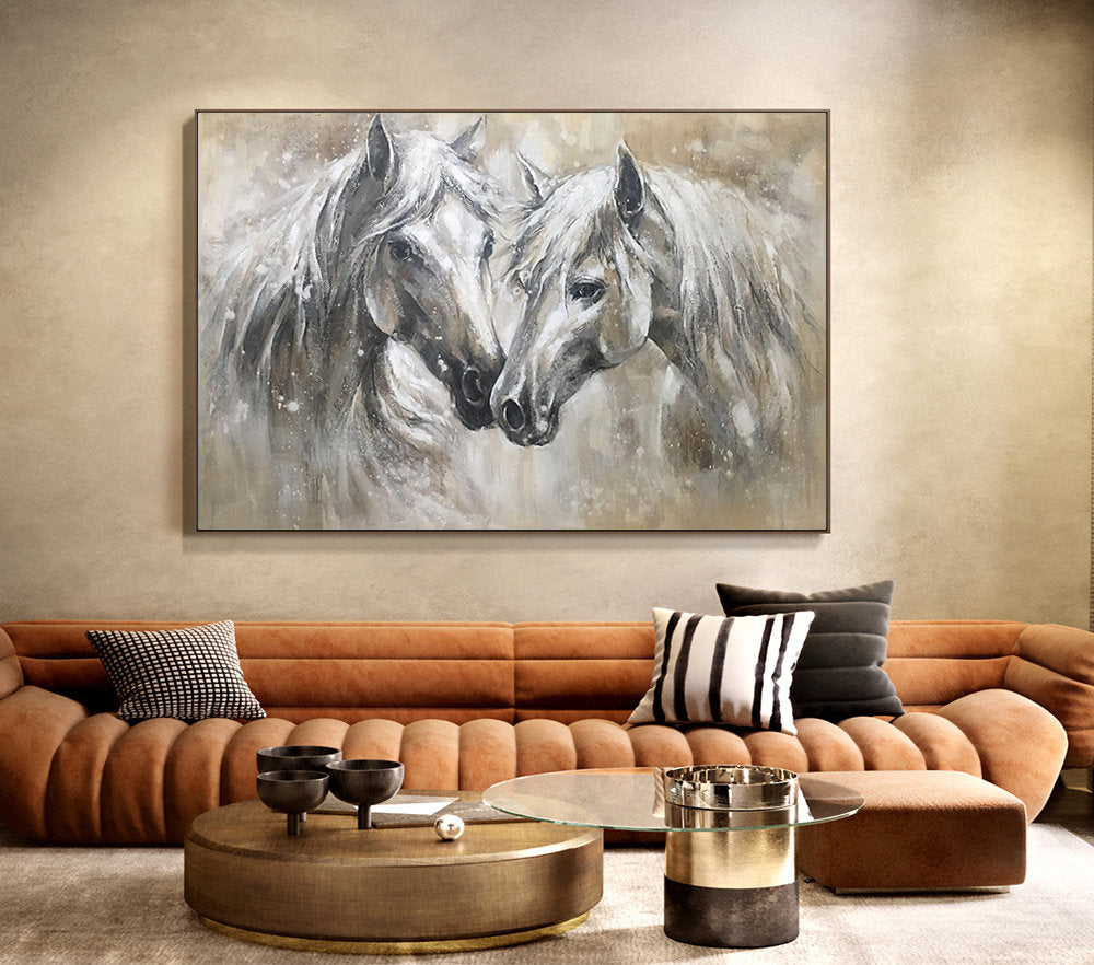 Abstract Horses Canvas Wall Art, Large Original Horses Oil Painting on Canvas, Modern Animal Wall Art for Living Room, Home Décor, Love Gift