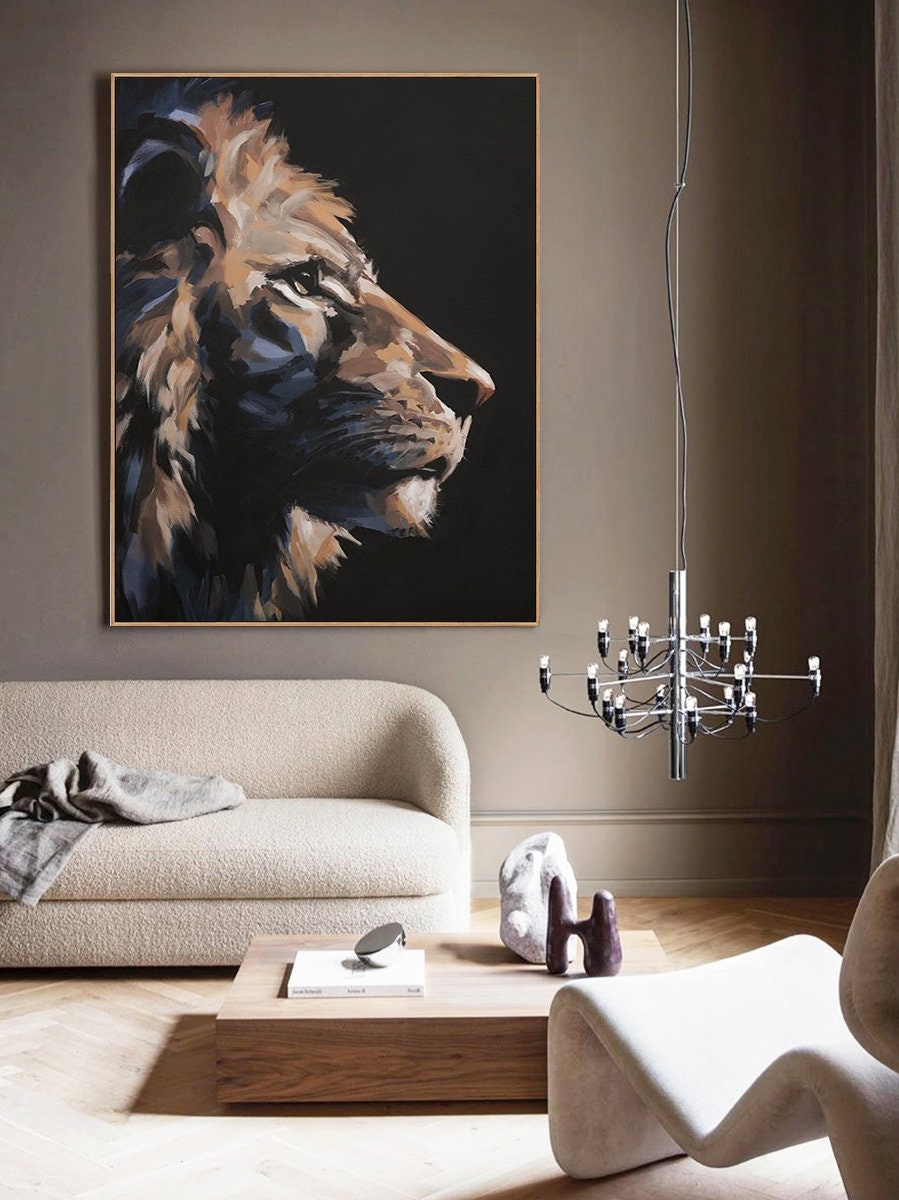 Large Abstract Lion Oil Painting on Canvas, Original Animal Canvas Wall Art, Modern Impressionist Lion Artwork for Living Room,Bedroom Decor