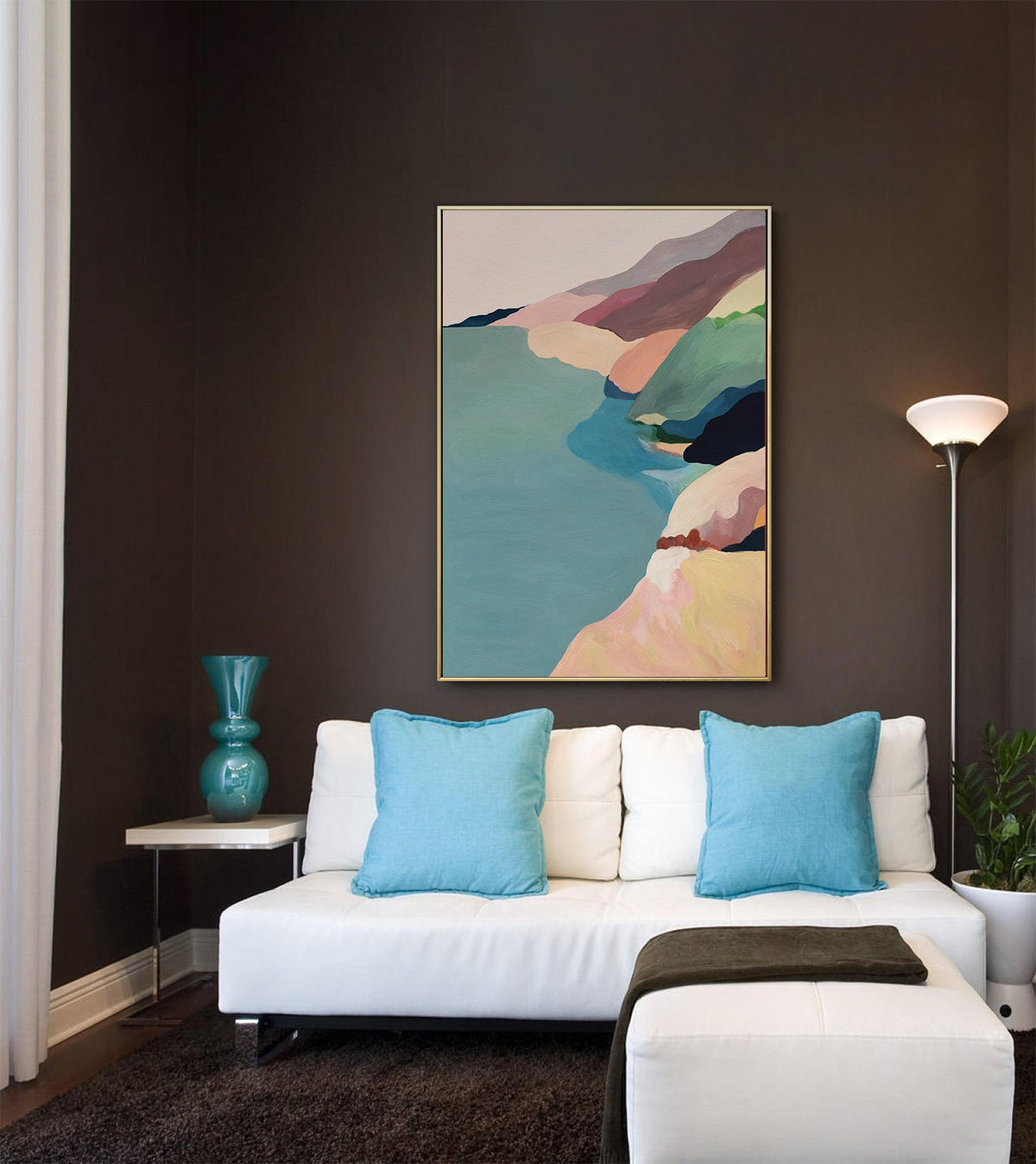 Large Abstract Landscape Oil Painting on Canvas, Original Mountain and River Canvas Wall Art, Modern Minimalist Nature Art for Living Room