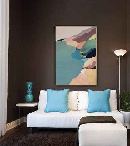 Large Abstract Landscape Oil Painting on Canvas, Original Mountain and River Canvas Wall Art, Modern Minimalist Nature Art for Living Room