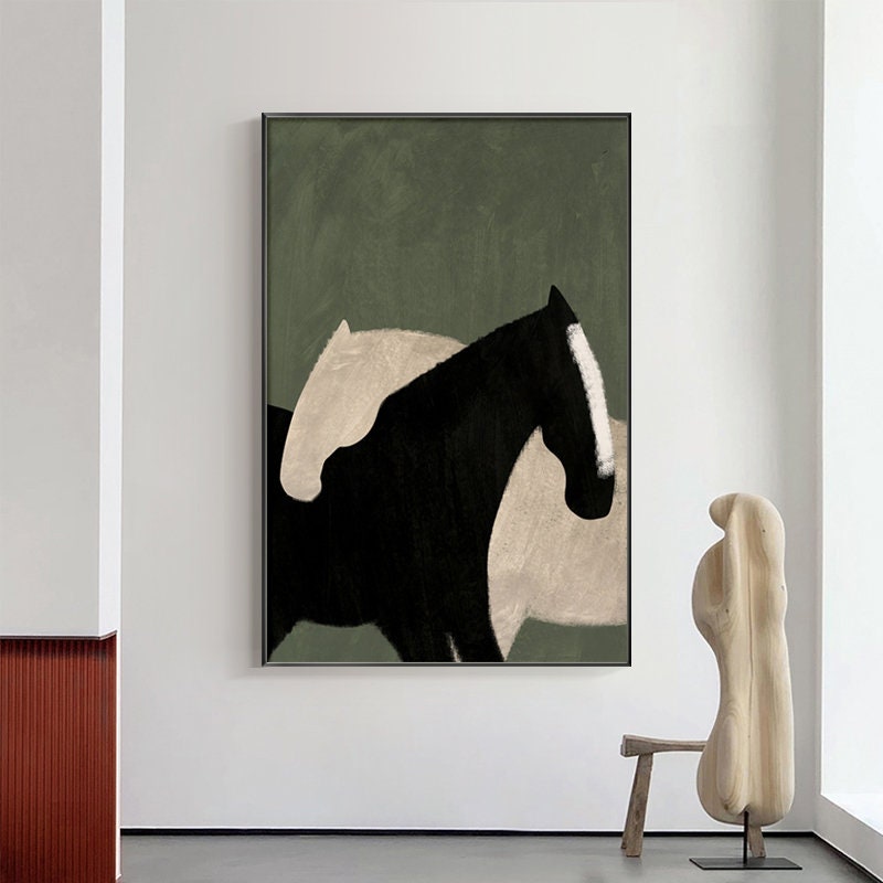 May include: Abstract painting of two horses in black and white, with a green background. The horses are partially overlapping, with the black horse in front of the white horse.