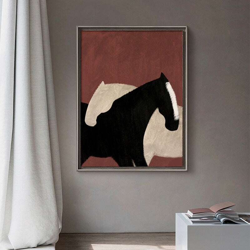 May include: Abstract painting of two horses, one black and one white, against a red background.