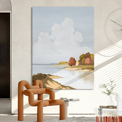 Abstract Landscape Oil Painting on Canvas, Original Mountains and River Canvas Art, Hand-painted Clouds and Trees Painting for Living Room