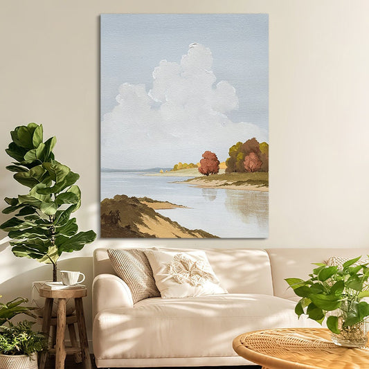 Abstract Landscape Oil Painting on Canvas, Original Mountains and River Canvas Art, Hand-painted Clouds and Trees Painting for Living Room