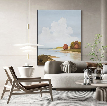 Abstract Landscape Oil Painting on Canvas, Original Mountains and River Canvas Art, Hand-painted Clouds and Trees Painting for Living Room