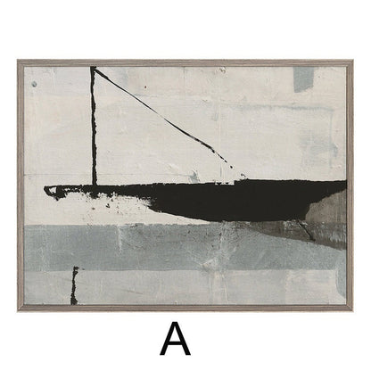 May include: Abstract art print with a black and white design on a white background. The design features a black line that forms a triangle and a black shape that resembles a boat.