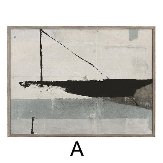 May include: Abstract art print with a black and white design on a white background. The design features a black line that forms a triangle and a black shape that resembles a boat.