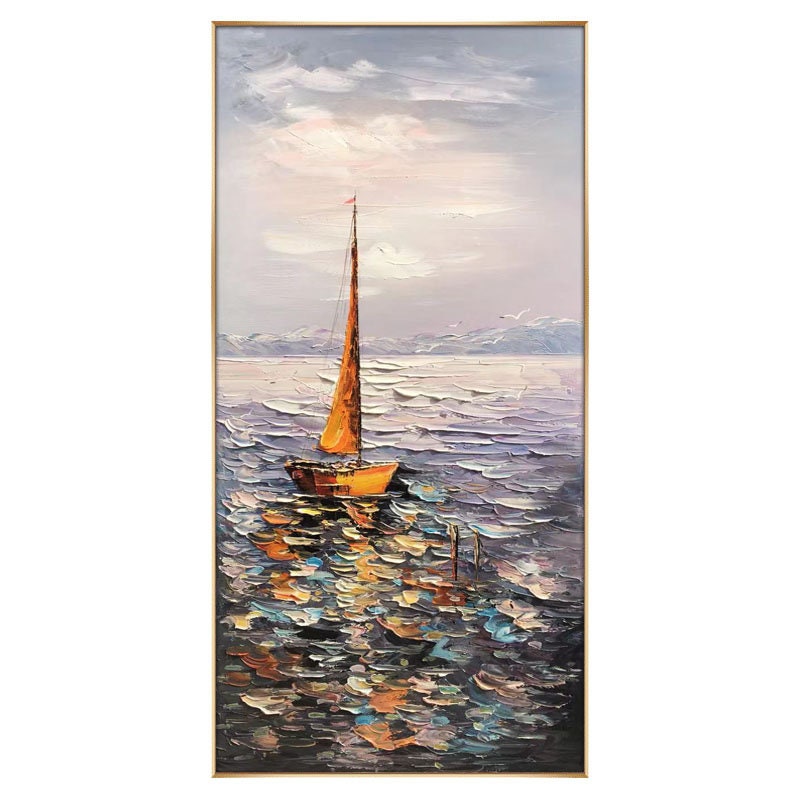 May include: A painting of a sailboat with a yellow sail on a body of water with a cloudy sky. The water is painted in a textured style with shades of blue, purple, and green.