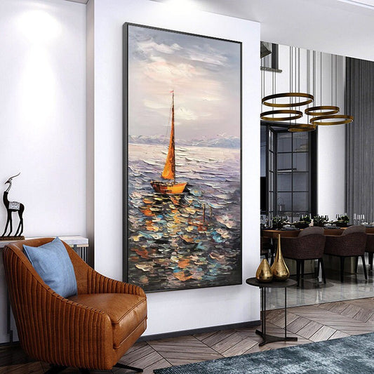 May include: A painting of a sailboat on a body of water. The sailboat is orange and white and is sailing on a blue and green body of water. The sky is a light blue with white clouds.