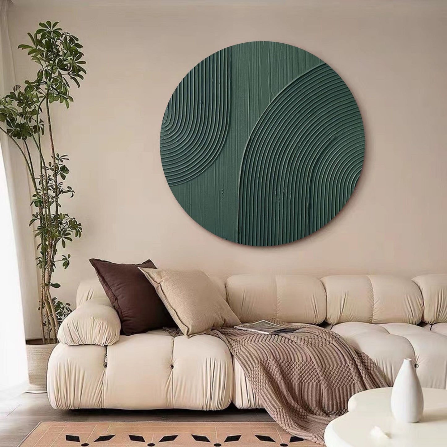 Green Circle Textured Canvas Art – Minimalist Abstract Painting