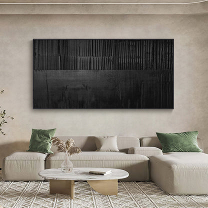 Large Black 3D Textured Abstract Painting – Minimalist Wall Art