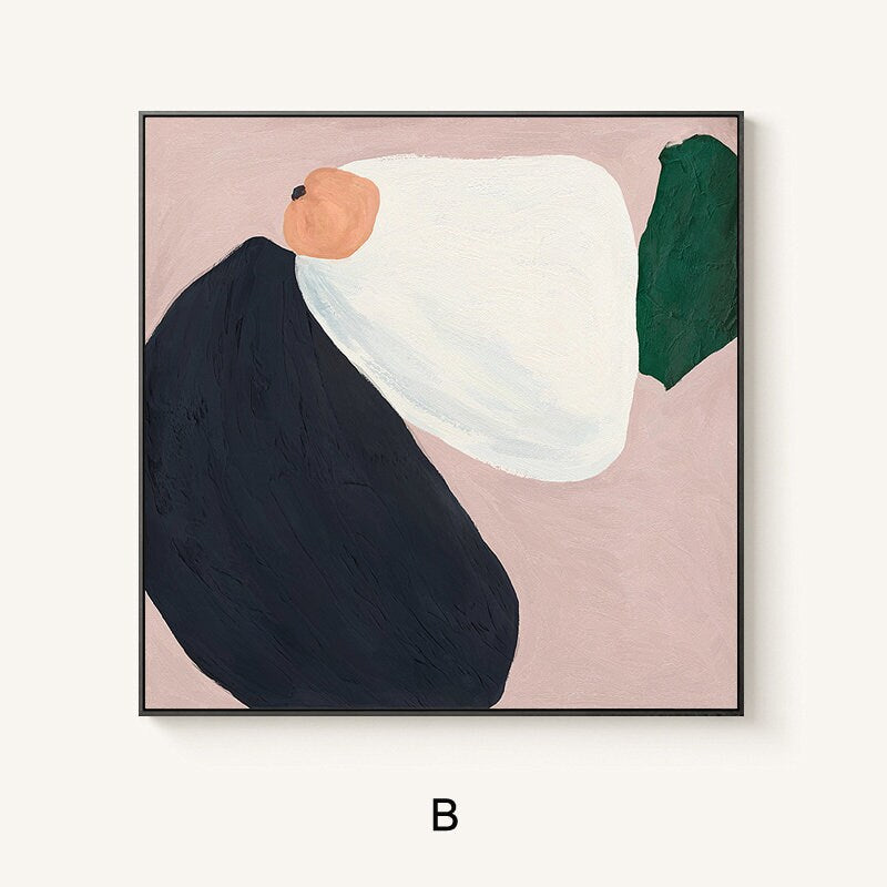 May include: Abstract painting with a pink background, featuring a large white shape, a smaller green shape, and a black shape. The shapes are organic and free-flowing, creating a sense of movement and energy.