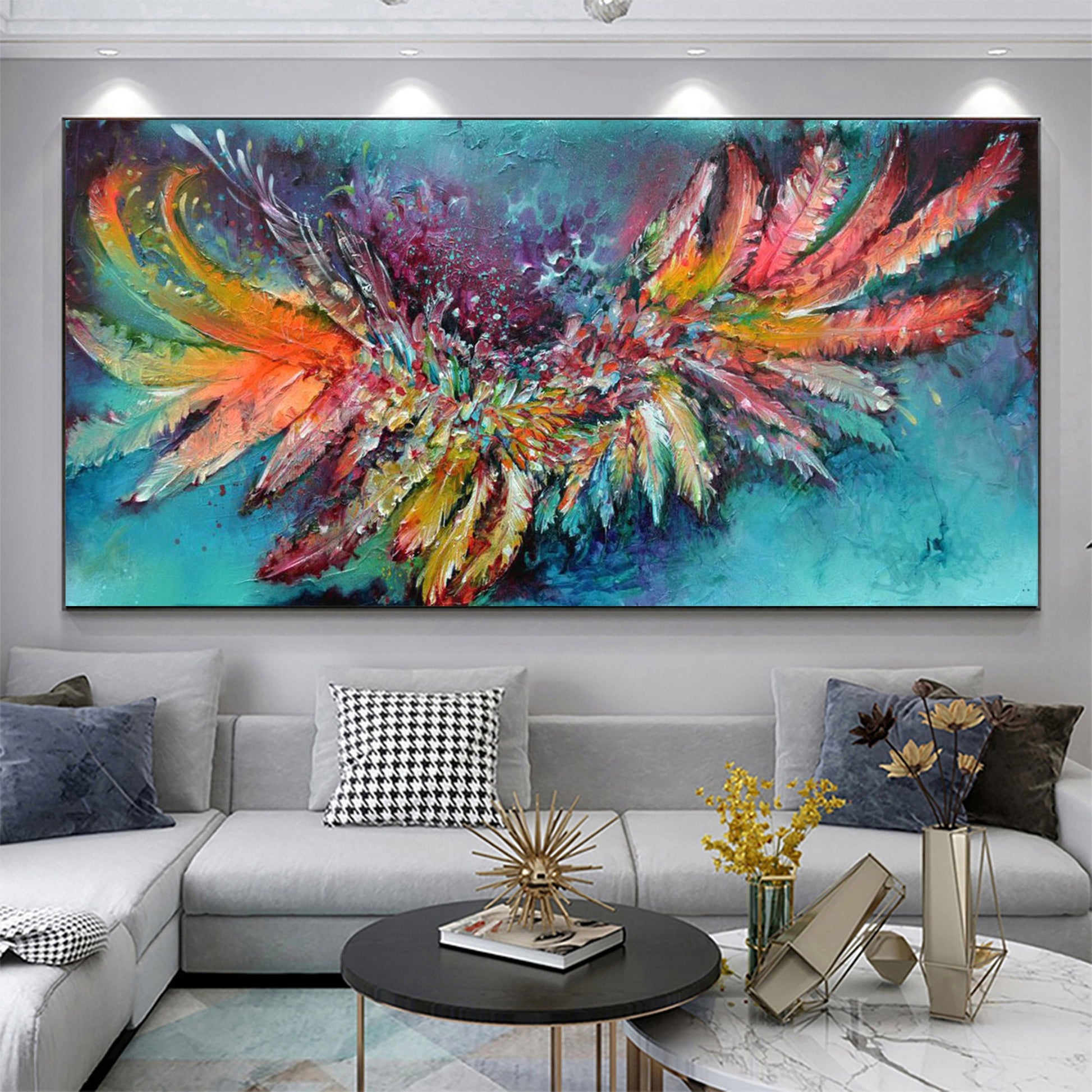 Abstract Feathers Painting, Colorful Boho Wall Decor, Large Canvas Art – Colorful Bird Animal Wall Art | Boho Palette Knife O