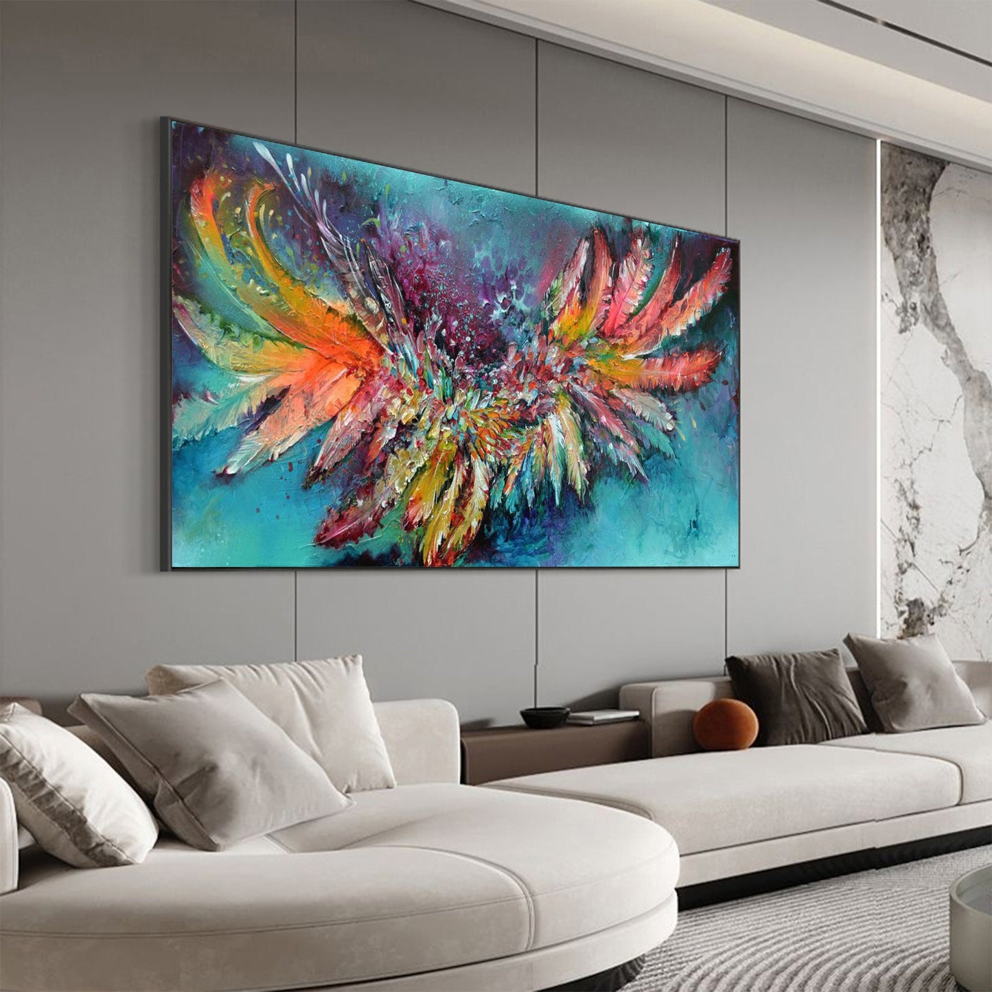 Colorful Boho Palette Knife Bird Animal Wall Art Oil Painting – Abstract Feathers Painting