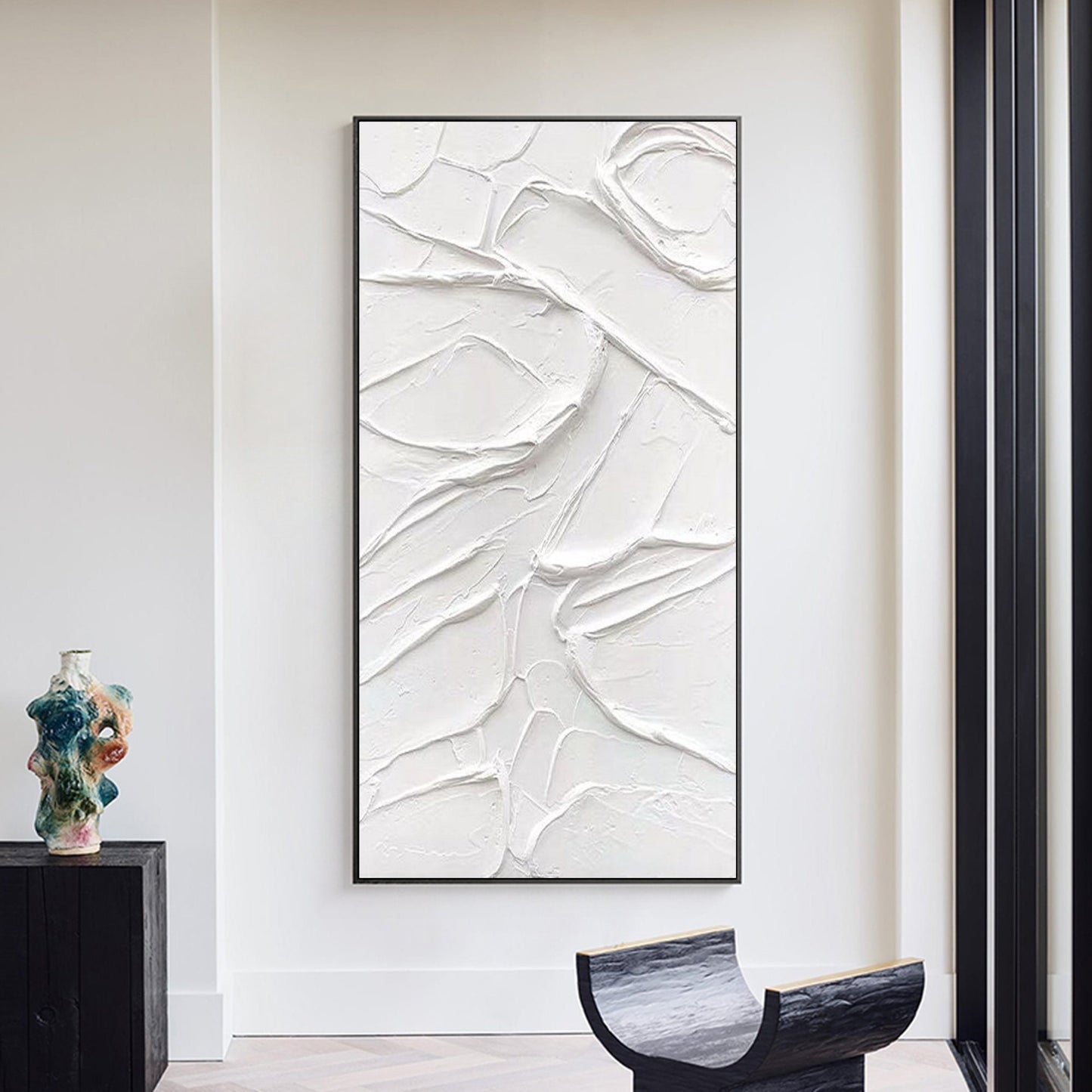 Textured White Plaster Wall Art – 3D Abstract Painting on Canvas