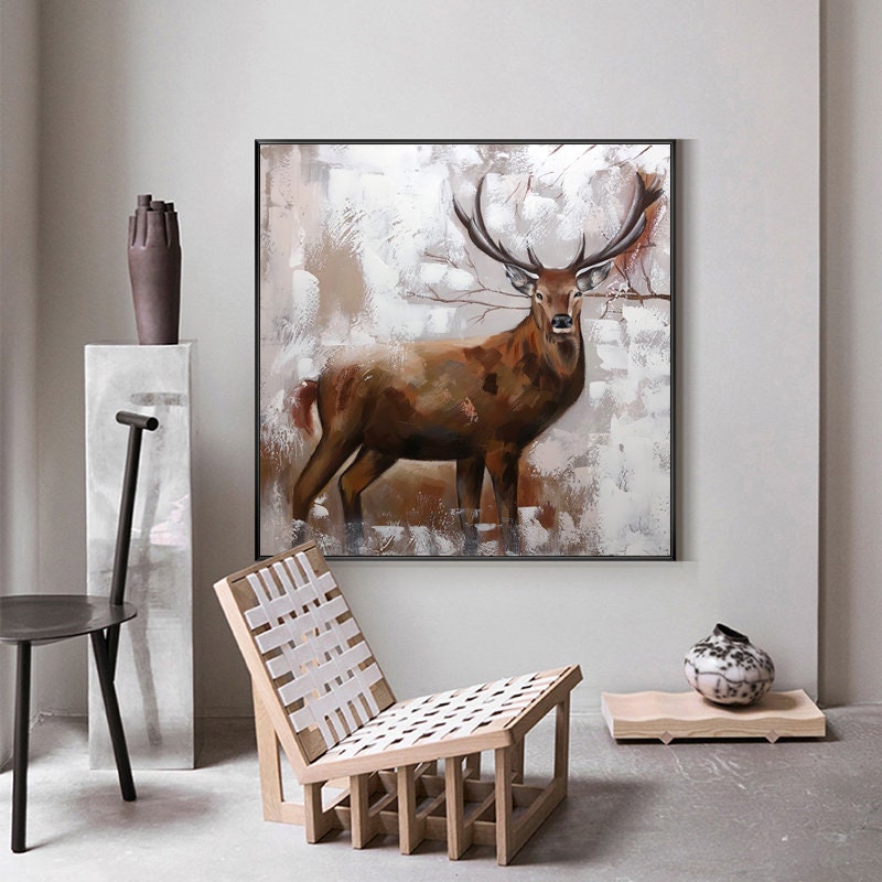Large Abstract Deer Oil Painting on Canvas, Original Hand-painted Stag Canvas Wall Art, Modern Animal Painting for Living Room,bedroom Décor