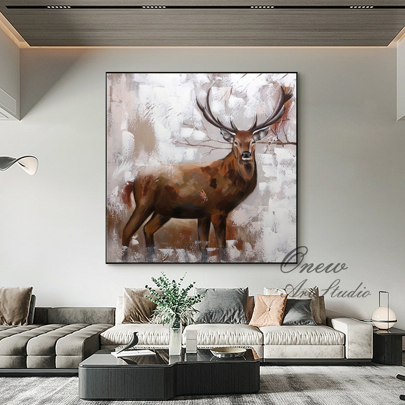 Large Abstract Deer Oil Painting on Canvas, Original Hand-painted Stag Canvas Wall Art, Modern Animal Painting for Living Room,bedroom Décor