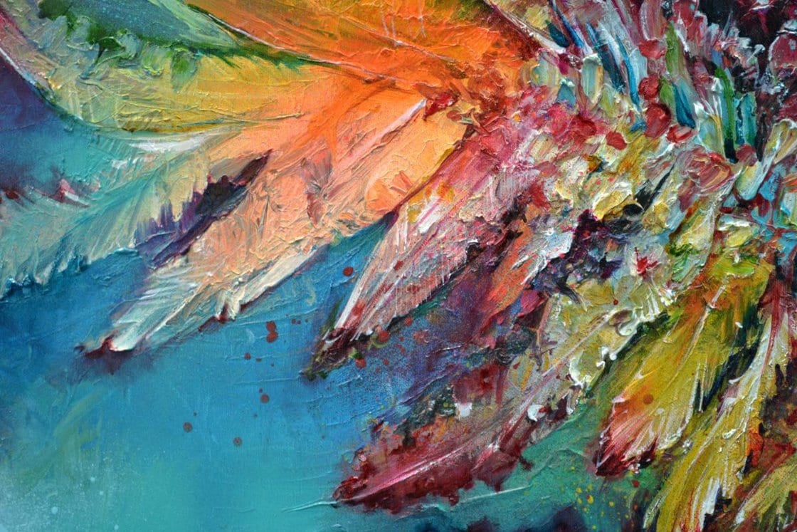 Abstract Feathers Painting, Colorful Boho Wall Decor, Large Canvas Art – Colorful Bird Animal Wall Art | Boho Palette Knife O