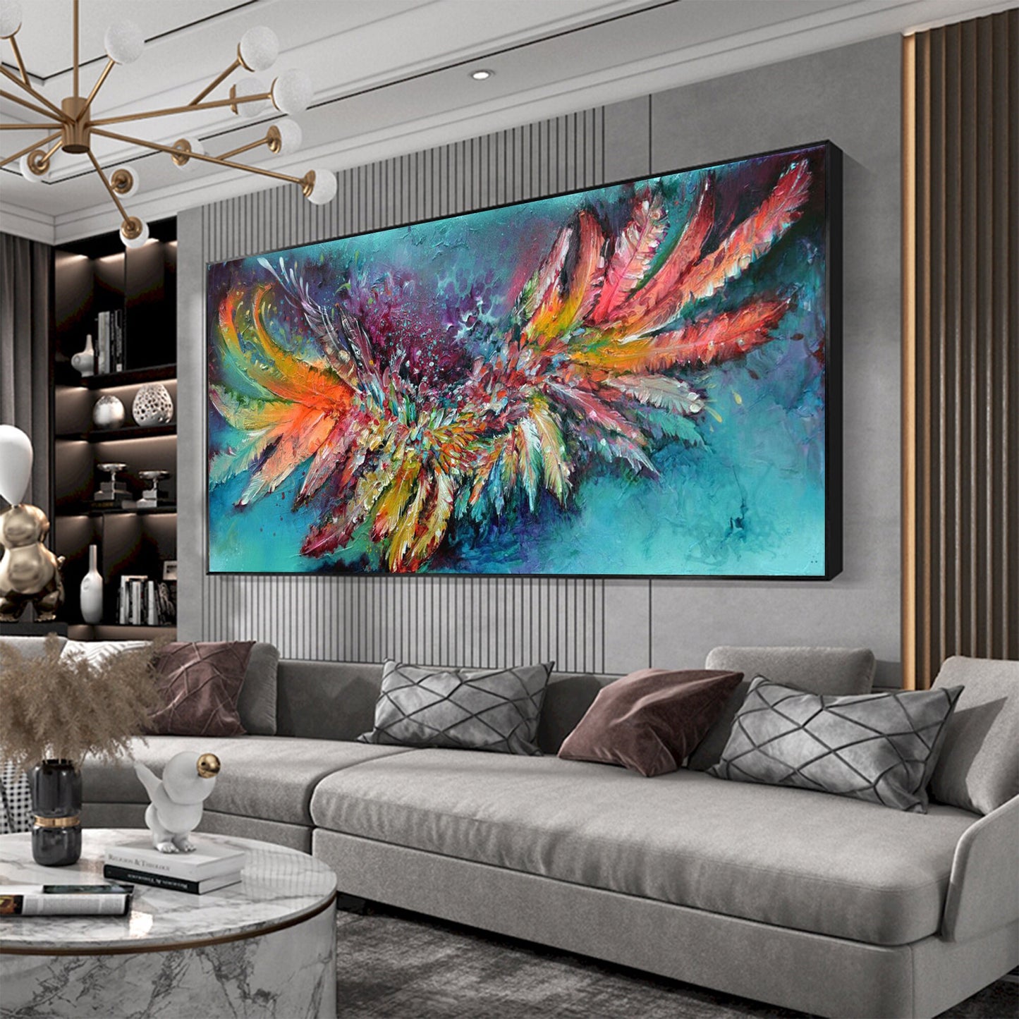 Abstract Feathers Painting, Colorful Boho Wall Decor, Large Canvas Art – Colorful Bird Animal Wall Art | Boho Palette Knife O