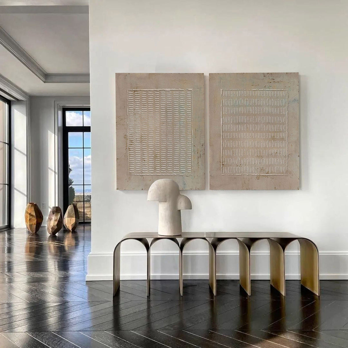 Set of 2 Brown Wabi Sabi Wall Art Line Texture Painting for Office Decor