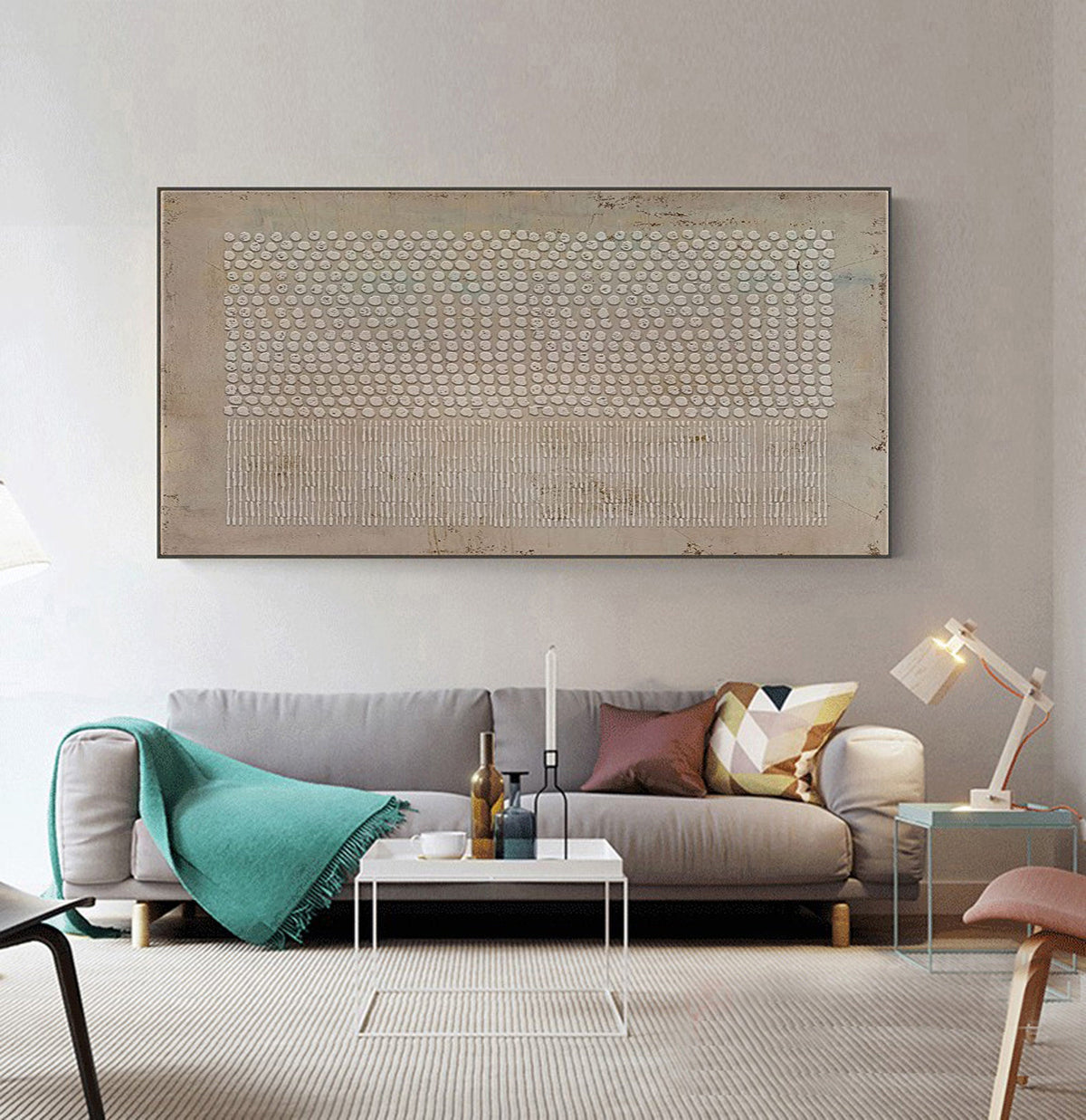 May include: A large rectangular wall art piece featuring a textured beige background with a horizontal band of raised white dots across the top half and a series of vertical white lines across the bottom half, all enclosed in a thin dark frame.
