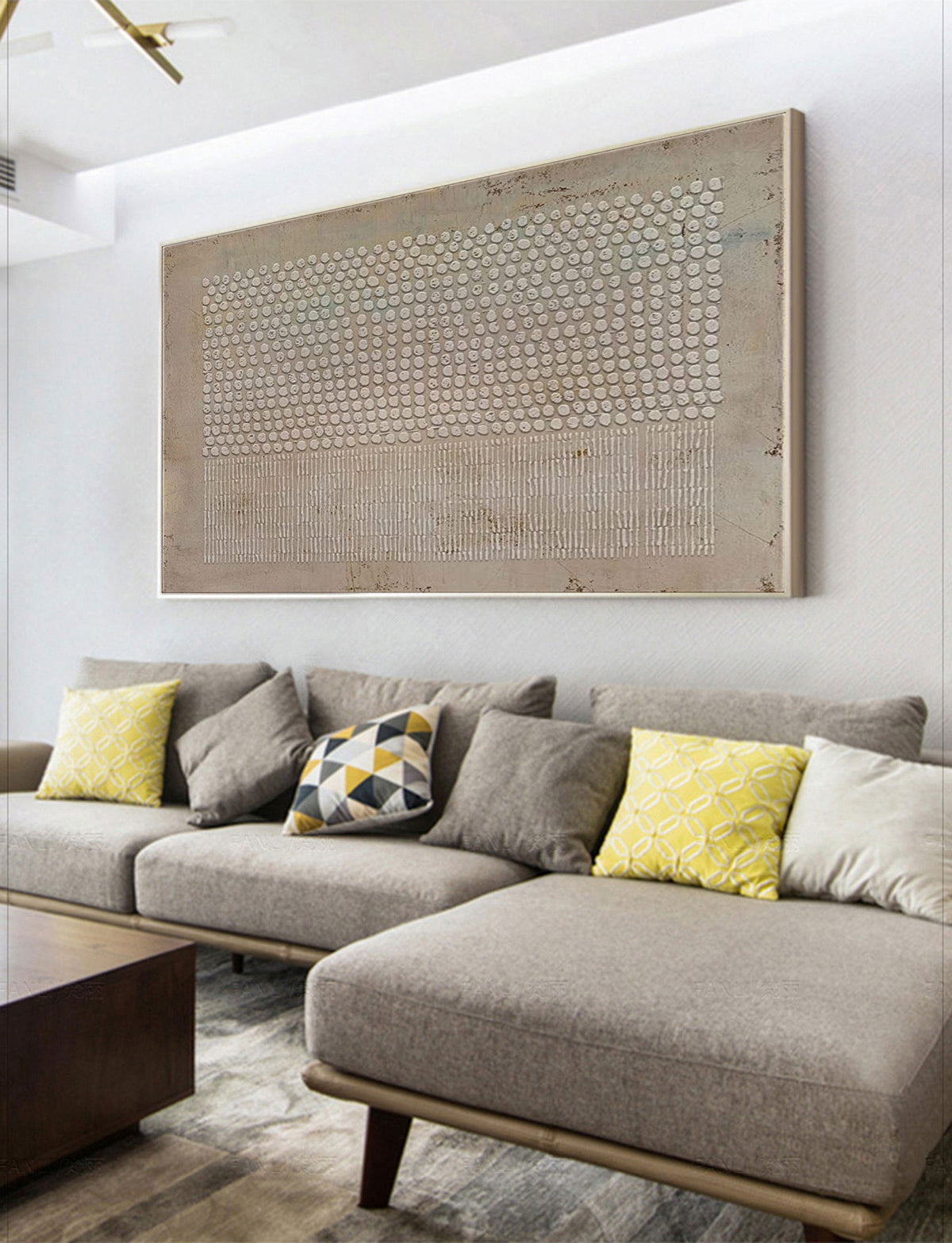 May include: A large rectangular wall art piece featuring a textured beige background with a grid of raised white circular dots on the top half and a pattern of vertical white lines on the bottom half, all enclosed within a thin light-colored frame.