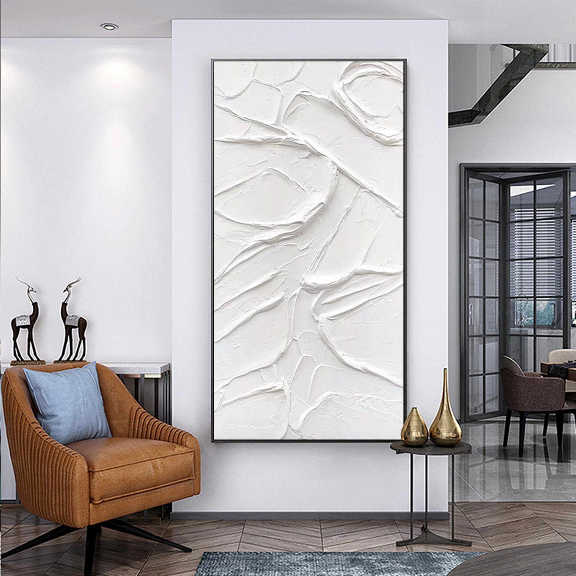 Textured White Plaster Wall Art – 3D Abstract Painting on Canvas