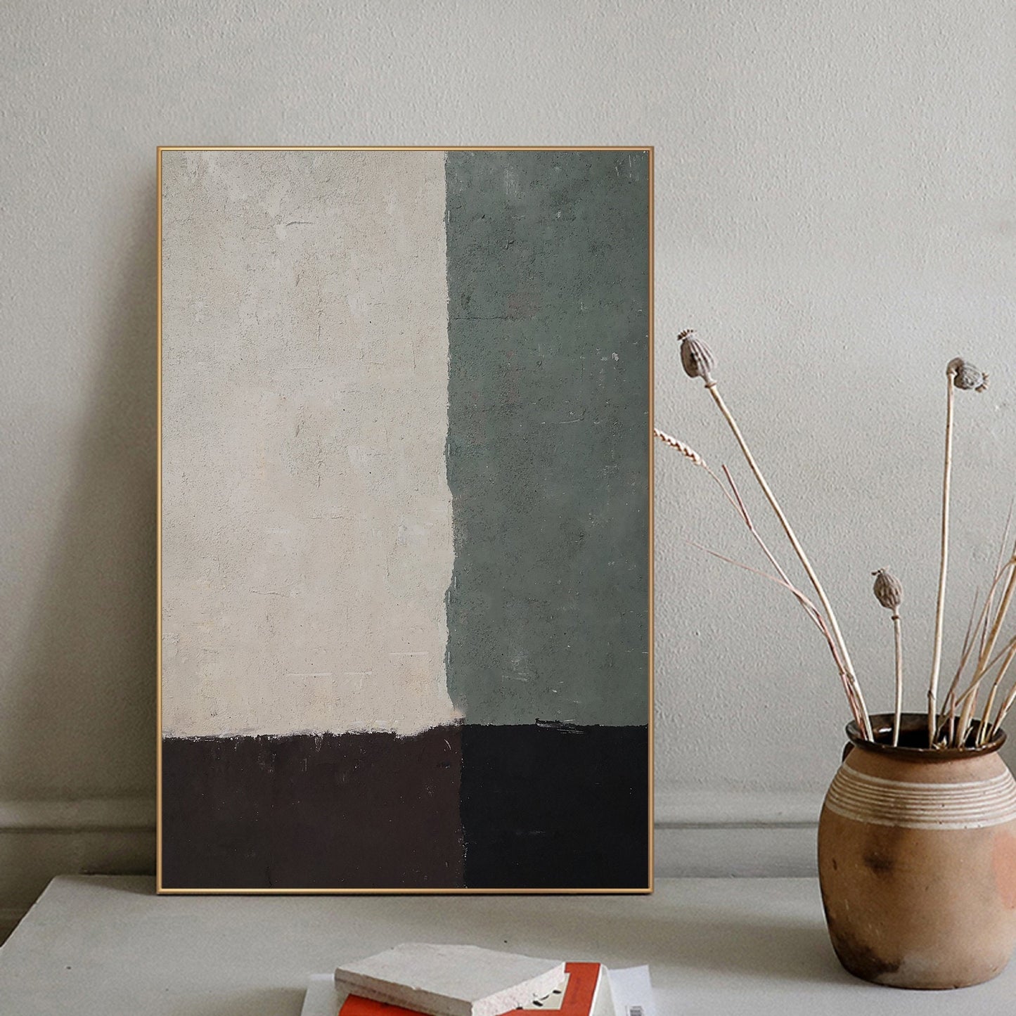 Sage Green Abstract Painting – Minimalist Wall Art
