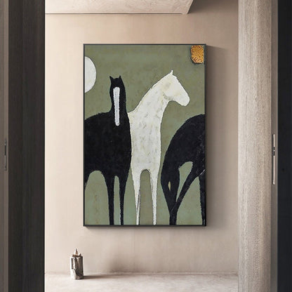 Abstract Black and White Horses Oil Painting on Canvas, Large Original Horse Canvas Wall Art, Modern Animal Painting for Living Room Bedroom