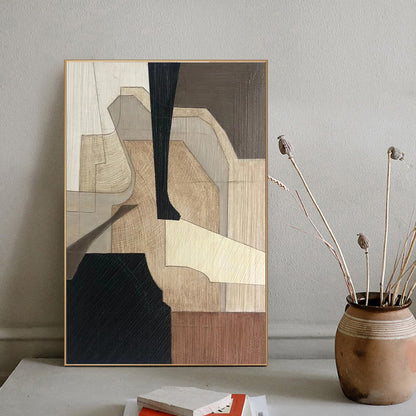 Black Beige Abstract Canvas Painting – Minimalist Wabi-Sabi Wall Art – Abstract Painting