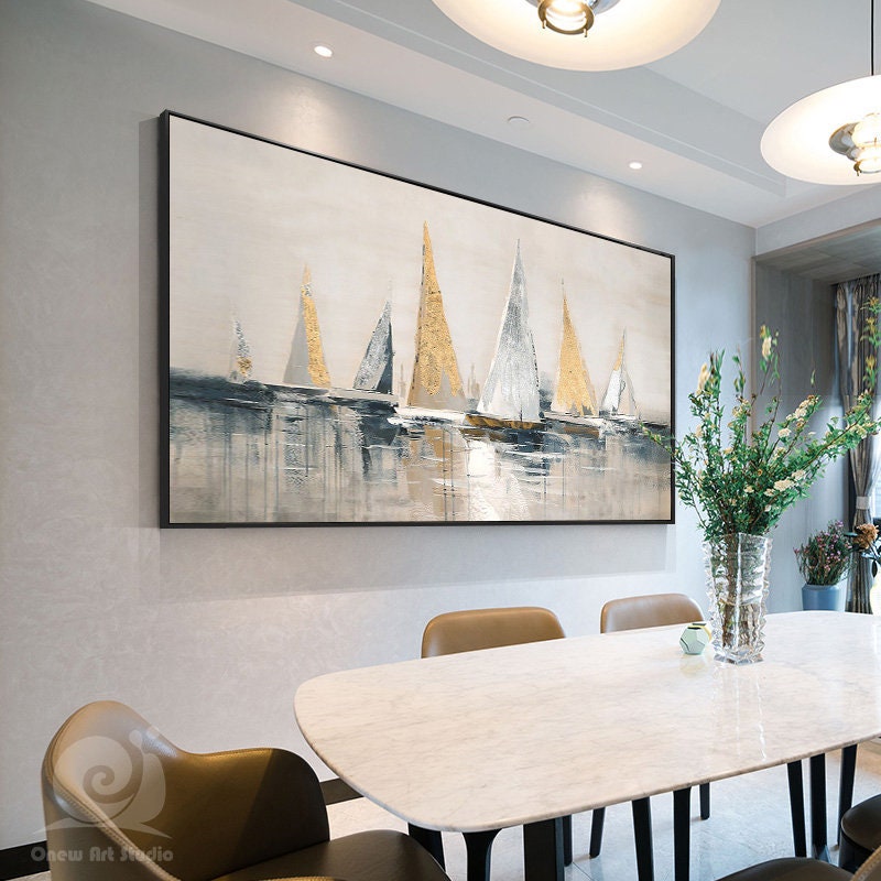 Gold and Silver Sailboats Canvas Wall Art, Large Abstract Sailboat Oil Painting on Canvas, Original Modern Nautical Wall Art for Living Room