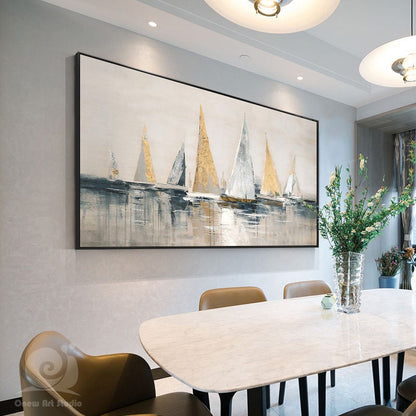 Gold and Silver Sailboats Canvas Wall Art, Large Abstract Sailboat Oil Painting on Canvas, Original Modern Nautical Wall Art for Living Room