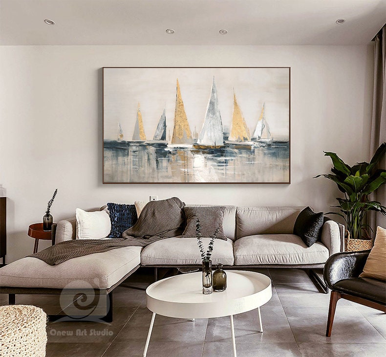 Gold and Silver Sailboats Canvas Wall Art, Large Abstract Sailboat Oil Painting on Canvas, Original Modern Nautical Wall Art for Living Room