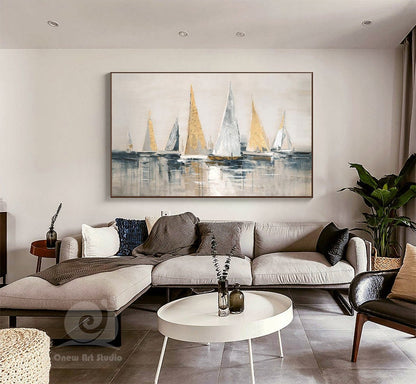 Gold and Silver Sailboats Canvas Wall Art, Large Abstract Sailboat Oil Painting on Canvas, Original Modern Nautical Wall Art for Living Room