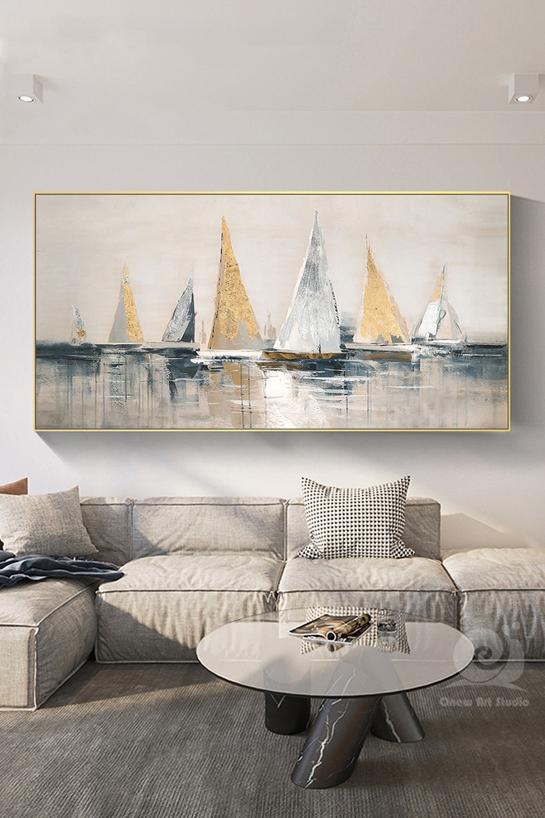 Gold and Silver Sailboats Canvas Wall Art, Large Abstract Sailboat Oil Painting on Canvas, Original Modern Nautical Wall Art for Living Room