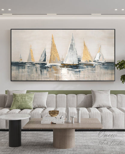 Gold and Silver Sailboats Canvas Wall Art, Large Abstract Sailboat Oil Painting on Canvas, Original Modern Nautical Wall Art for Living Room