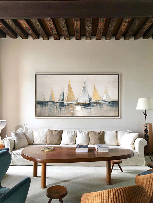 Gold and Silver Sailboats Canvas Wall Art, Large Abstract Sailboat Oil Painting on Canvas, Original Modern Nautical Wall Art for Living Room