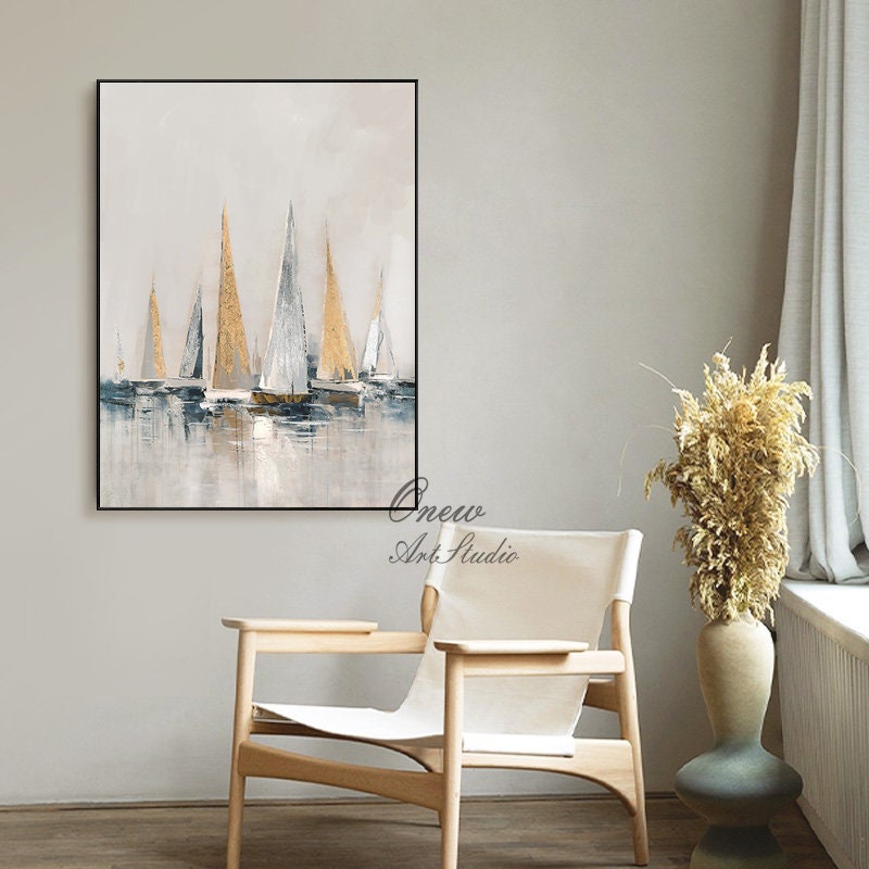 Gold and Silver Sailboats Canvas Wall Art, Large Abstract Seascape Oil Painting on Canvas, Original Modern Nautical Wall Art for Living Room