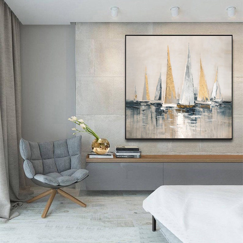 Gold and Silver Sailboats Canvas Wall Art, Large Abstract Seascape Oil Painting on Canvas, Original Modern Nautical Wall Art for Living Room