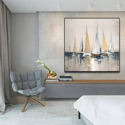 Gold and Silver Sailboats Canvas Wall Art, Large Abstract Seascape Oil Painting on Canvas, Original Modern Nautical Wall Art for Living Room