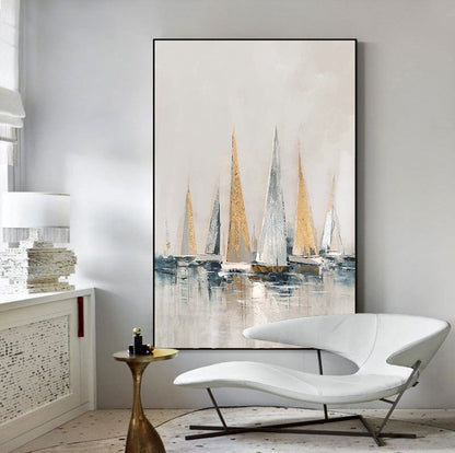 Gold and Silver Sailboats Canvas Wall Art, Large Abstract Seascape Oil Painting on Canvas, Original Modern Nautical Wall Art for Living Room