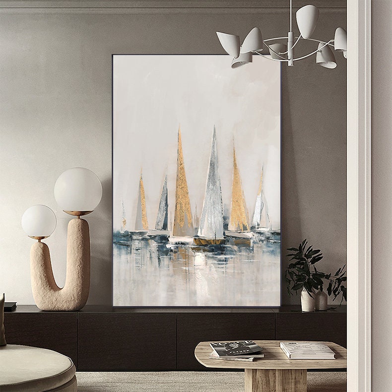 Gold and Silver Sailboats Canvas Wall Art, Large Abstract Seascape Oil Painting on Canvas, Original Modern Nautical Wall Art for Living Room