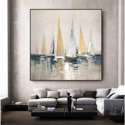 Gold and Silver Sailboats Canvas Wall Art, Large Abstract Seascape Oil Painting on Canvas, Original Modern Nautical Wall Art for Living Room