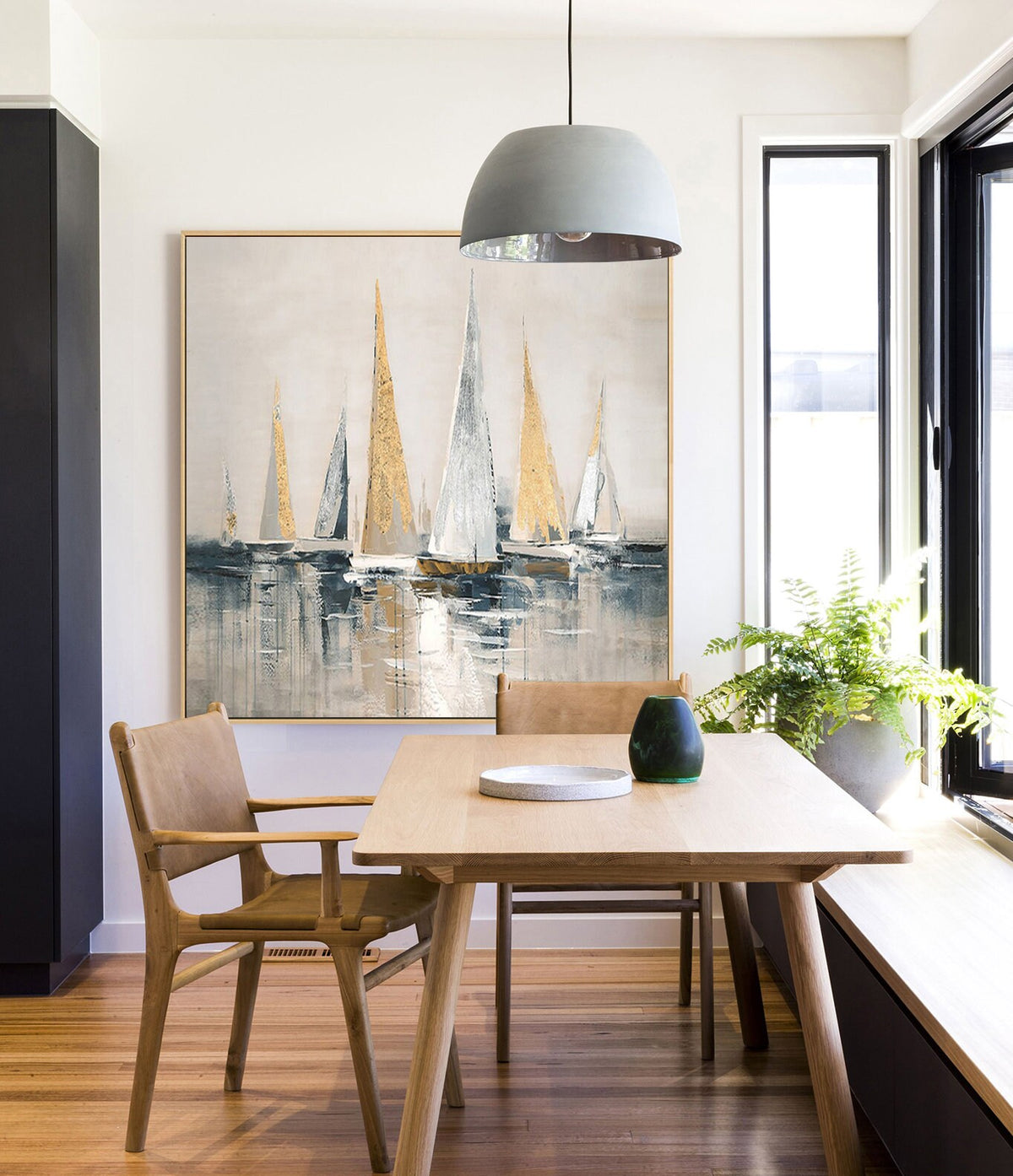 Gold and Silver Sailboats Canvas Wall Art, Large Abstract Seascape Oil Painting on Canvas, Original Modern Nautical Wall Art for Living Room