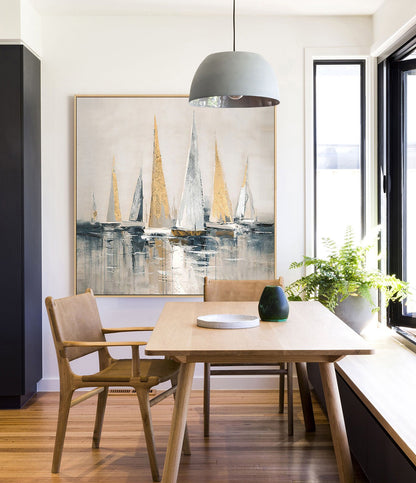 Gold and Silver Sailboats Canvas Wall Art, Large Abstract Seascape Oil Painting on Canvas, Original Modern Nautical Wall Art for Living Room