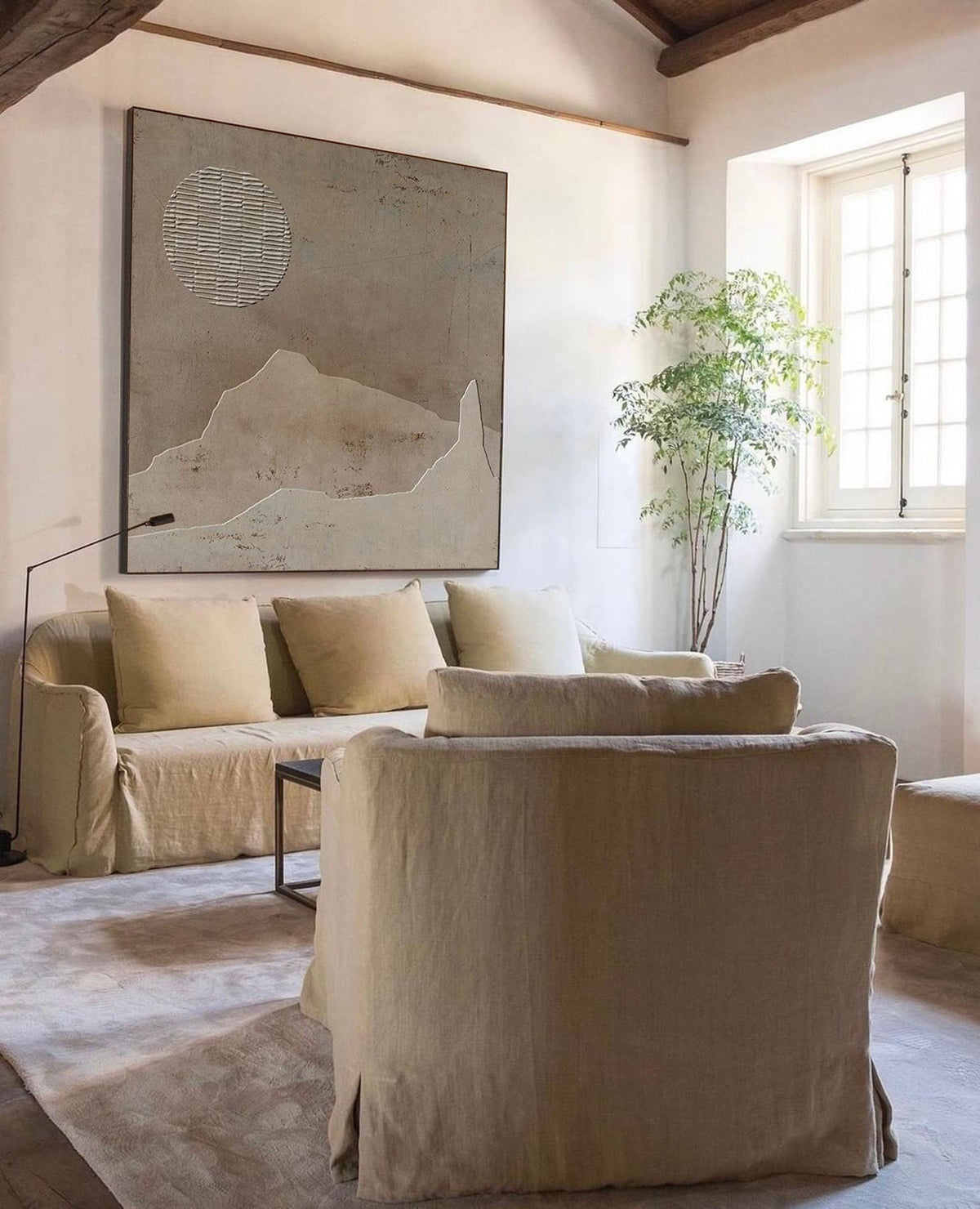 Brown Wabi Sabi Wall Art Moon Landscape Texture Canvas Painting for Living Room Decor