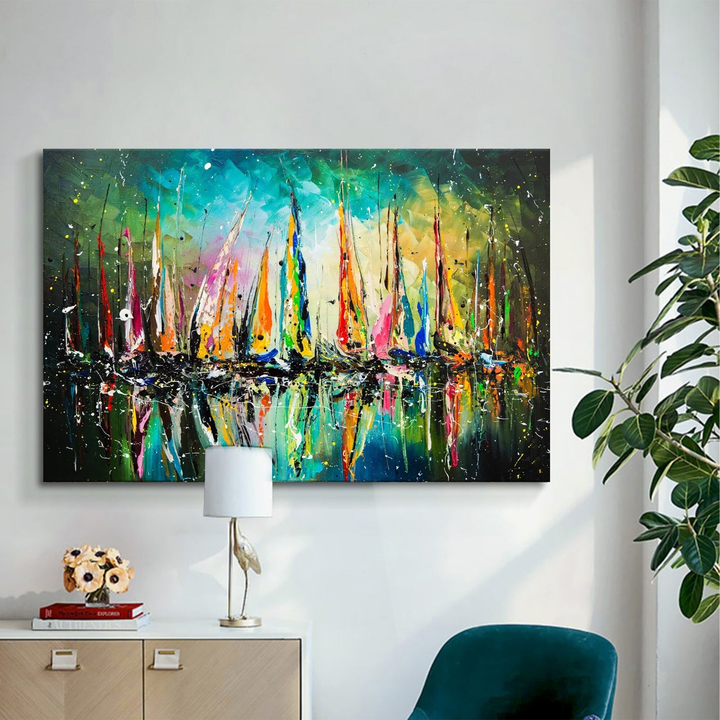 Colorful Coastal Sailboat Abstract Wall Art