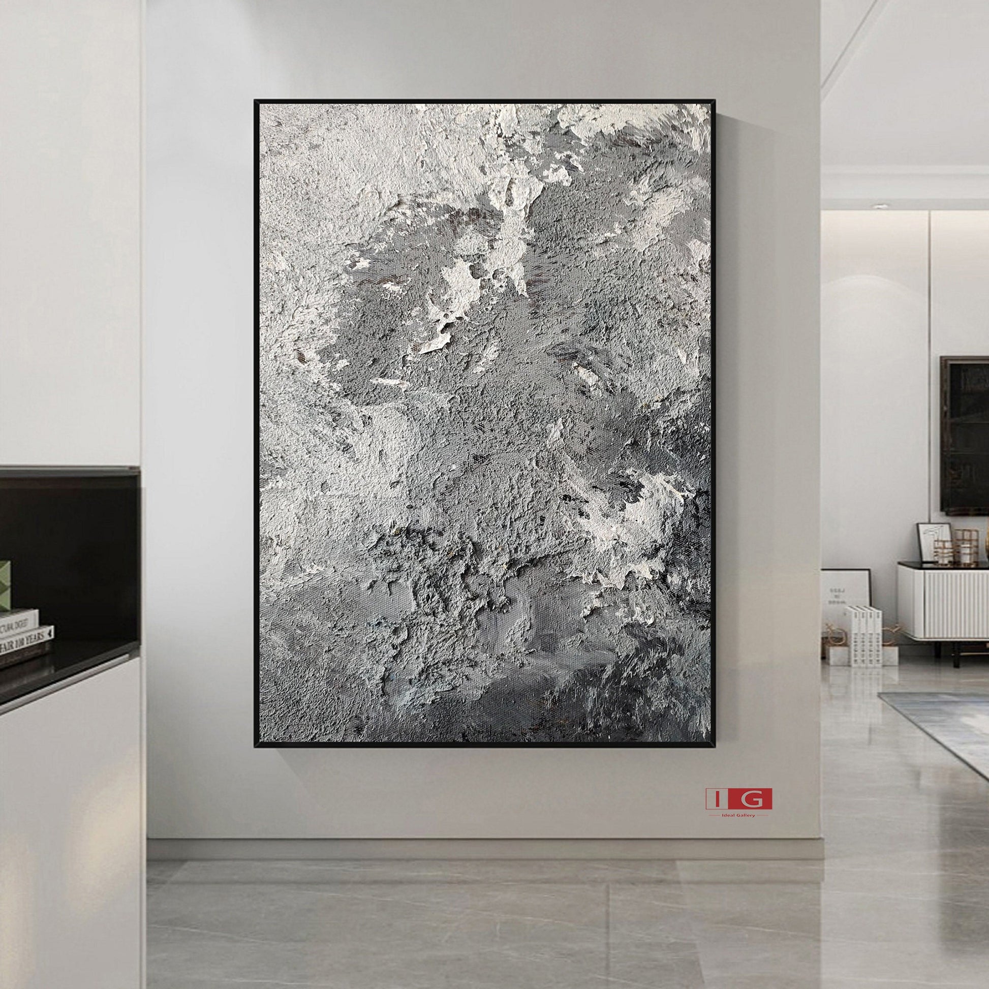 Large Grey Textured Abstract Painting – Minimalist Plaster Wall Art