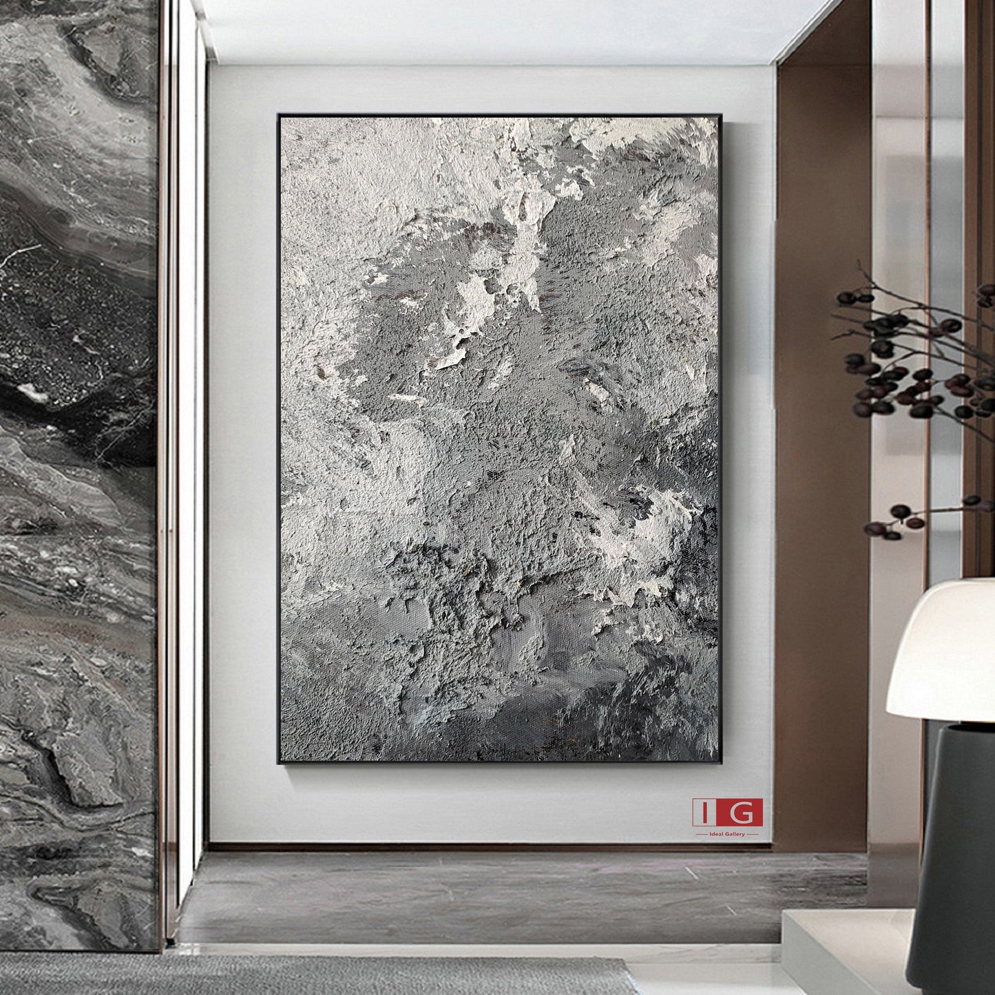 Large Grey Textured Abstract Painting – Minimalist Plaster Wall Art